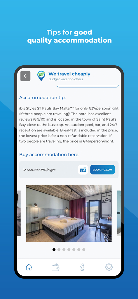 We travel cheaply - Screenshot dell'app Viaggiamo a basso costo che mostra un consiglio di alloggio economico curato per un hotel a Malta con link per la prenotazione.