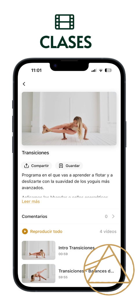 The Class Yoga - A mobile app interface for The Class Yoga showing a series of yoga transition video classes.