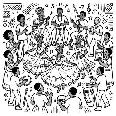 Introduce your little one to the joyful rhythms of Samba de Roda with this engaging coloring page. Designed with ultra-thick lines and simple shapes, it's perfect for toddlers to explore colors and cultural fun.