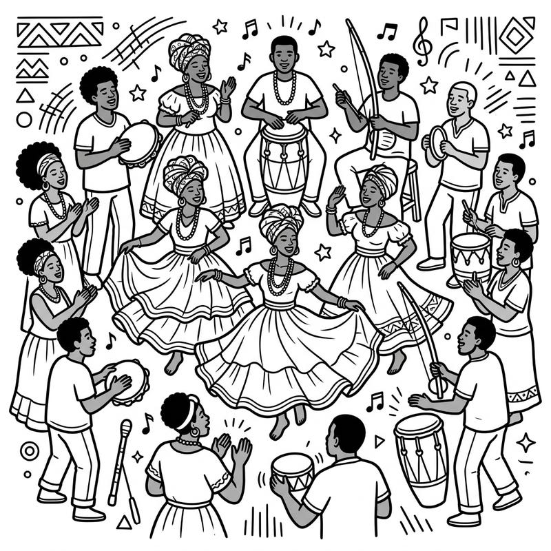 Introduce your little one to the joyful rhythms of Samba de Roda with this engaging coloring page. Designed with ultra-thick lines and simple shapes, it's perfect for toddlers to explore colors and cultural fun.