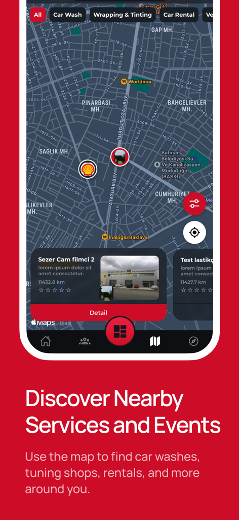 An interactive map in the MyGarage app showing nearby car services like car washes and tuning shops