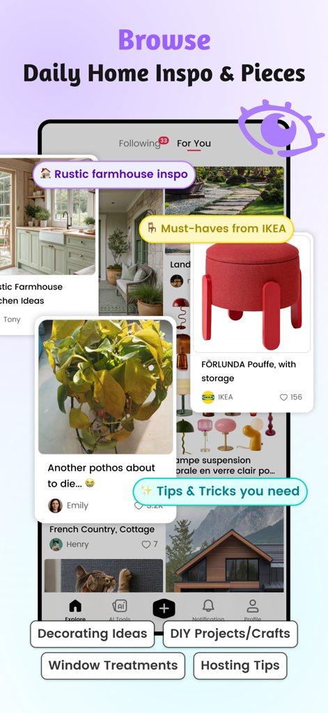 AI Home Design: Ideal House - Browse daily home inspiration and furniture pieces in the Ideal House app interface