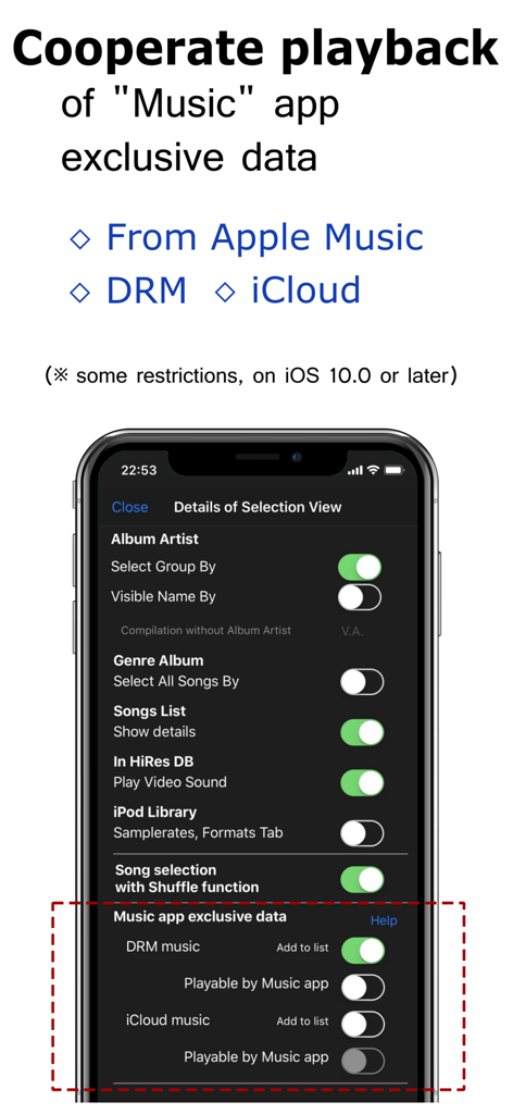 KaiserTone Medley -HiRes Audio - Screenshot of KaiserTone Medley app showing settings for Apple Music, DRM, and iCloud playback integration.