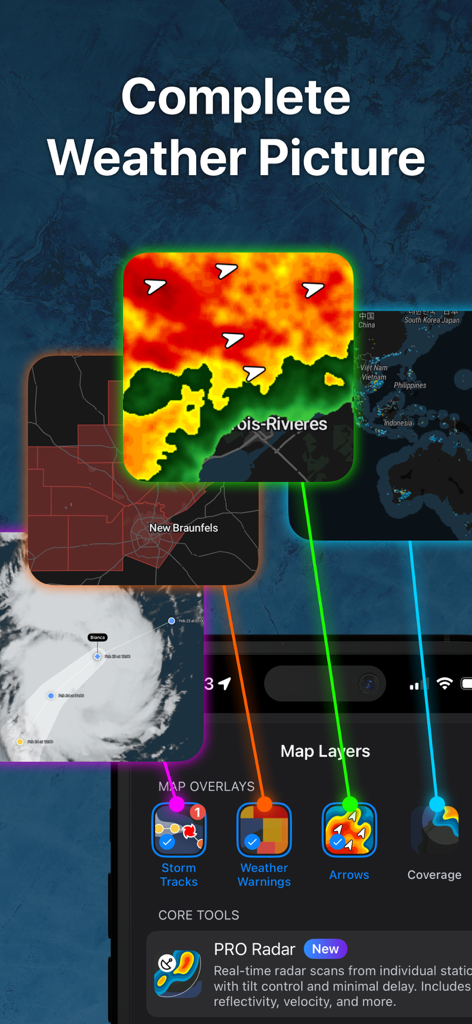 RainViewer: Live Weather Radar - RainViewerアプリインターフェイス、嵐の進路、気象警報、降水レーダー矢印のマップオーバーレイを紹介