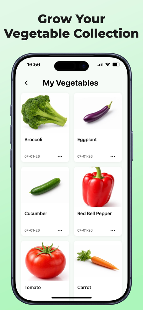 Vegetable Identifier: Scan AI - A mobile app screen showing a collection of identified vegetables like broccoli, eggplant, and tomato under the My Vegetables section