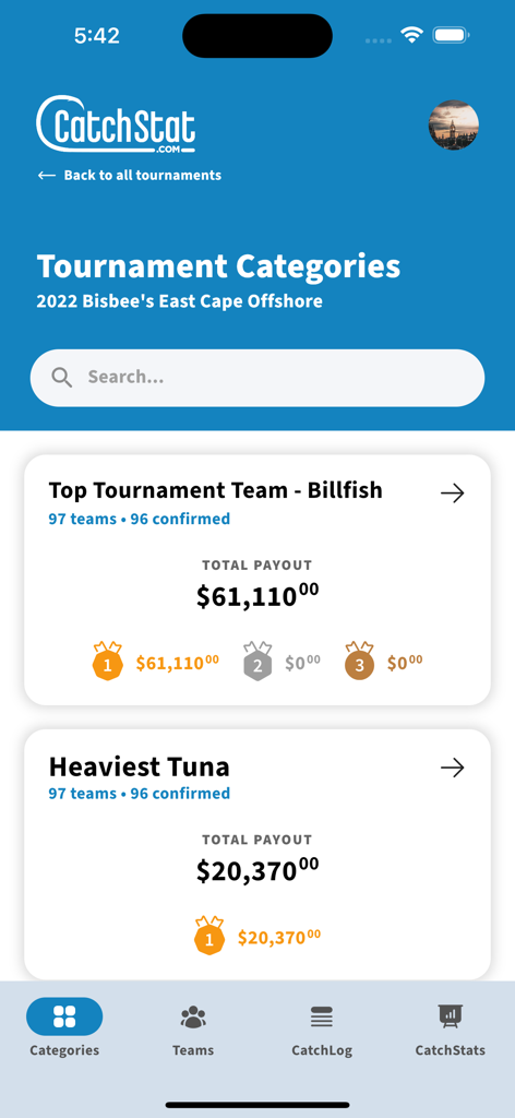 CatchStat - CatchStat app interface showing tournament categories and payout totals for competitive fishing events