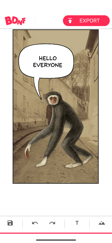BDnF (light version) - Interface de création de BD dans l'application BDnF montrant une planche avec une illustration de singe vintage et une bulle de dialogue disant Bonjour tout le monde.