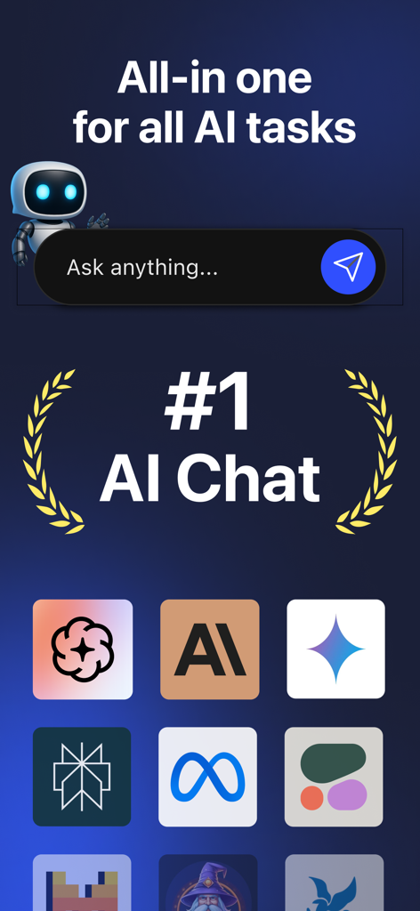 Chat AI·Question, Smart Answer - Chat AI app interface showcasing all in one AI tasks and various model icons like GPT and Claude