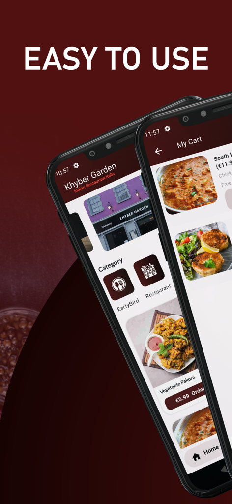 Khyber Garden - Khyber Garden mobile app screenshot showing menu categories and a shopping cart with food items