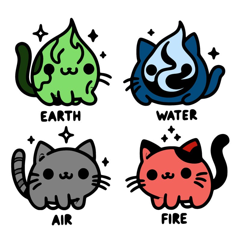 4 cats that represent the different elements, earth, water, air, and fire