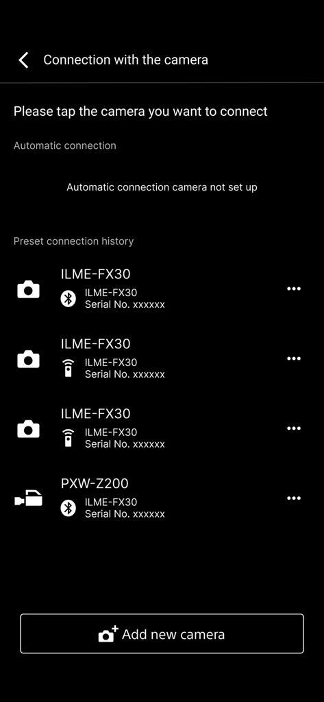 Sony | Creators' App for ENT - Una lista de cámaras profesionales Sony emparejadas en el menú de conexión de la aplicación Creators para empresas