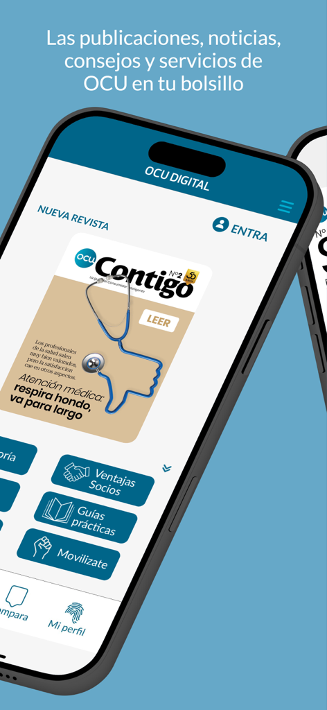 Interface of the OCU Digital app showing the Contigo magazine cover and quick access buttons for consumer services.