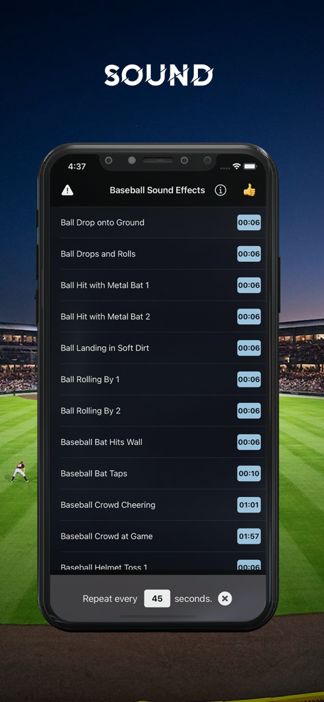 Baseball Sound Effects app soundboard listing various game sounds on a smartphone