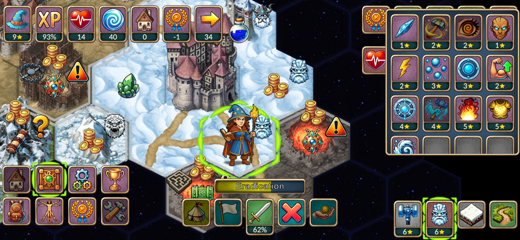 Gameplay screenshot of Next Run Fantasy Strategy RPG showing a mage character on a hexagonal map with skill icons and resources