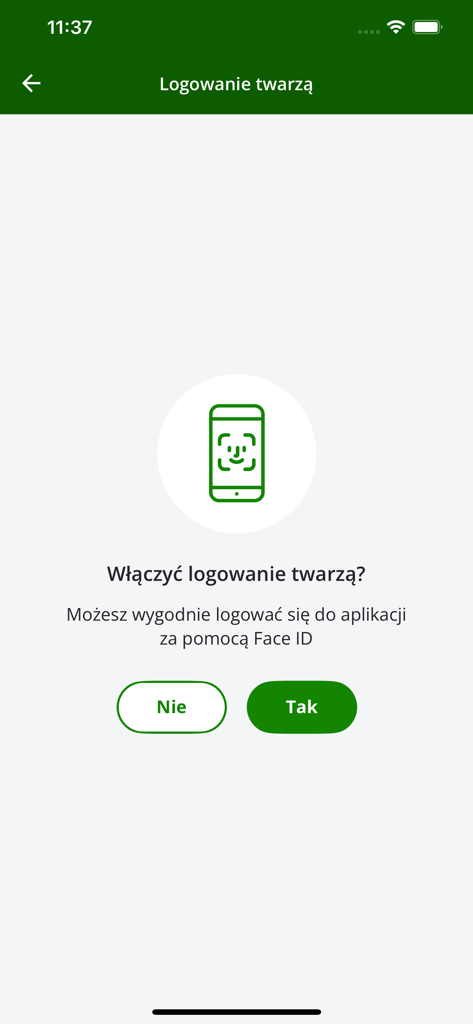 Schermata nell'app InternetowyKantor.pl che chiede all'utente di abilitare l'accesso biometrico Face ID per un accesso sicuro