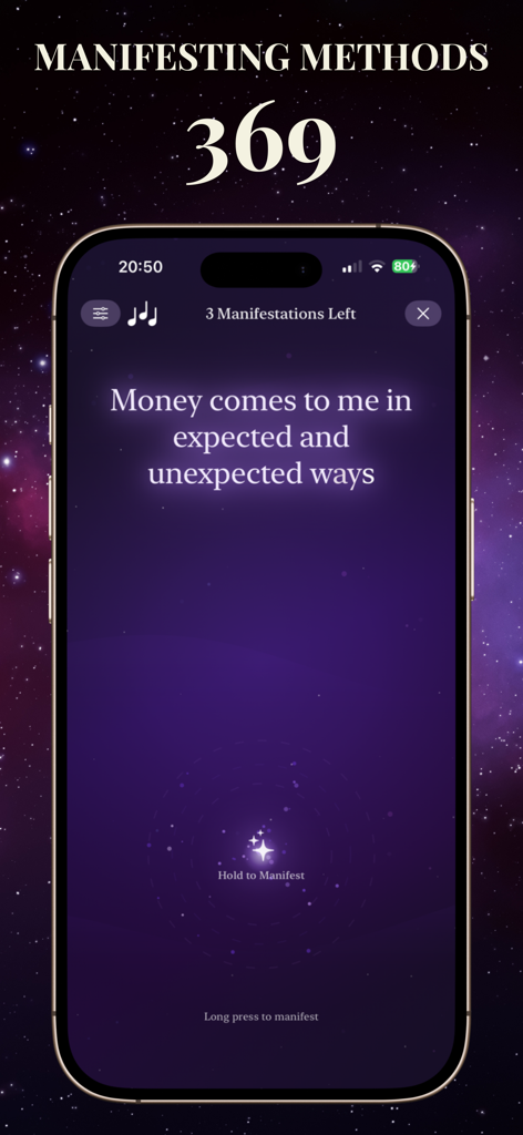 Secret Manifestation Journal - Ein Handybildschirm, der die 369-Manifestationsmethode in der Brilla-App mit einer Geld-Affirmation und einem Knopf "Zum Manifestieren lange drücken" auf kosmischem Hintergrund zeigt.