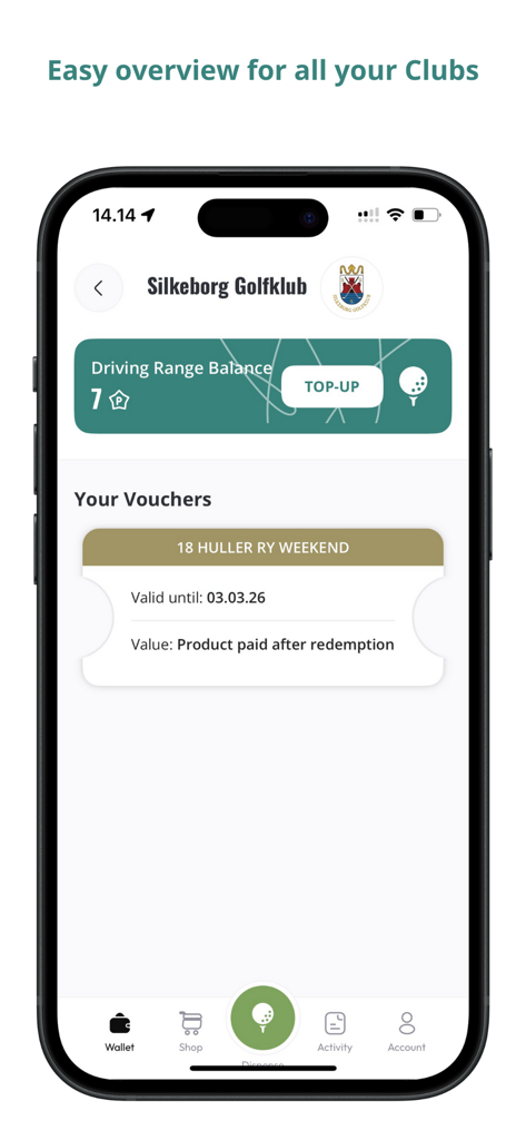 GolfMore - GolfMore app interface displaying driving range balance and digital golf club vouchers on a smartphone.