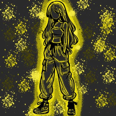 girl in baggy pants crop top and long hair