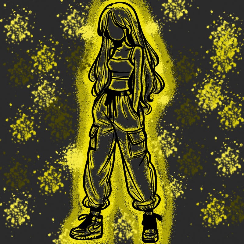 girl in baggy pants crop top and long hair