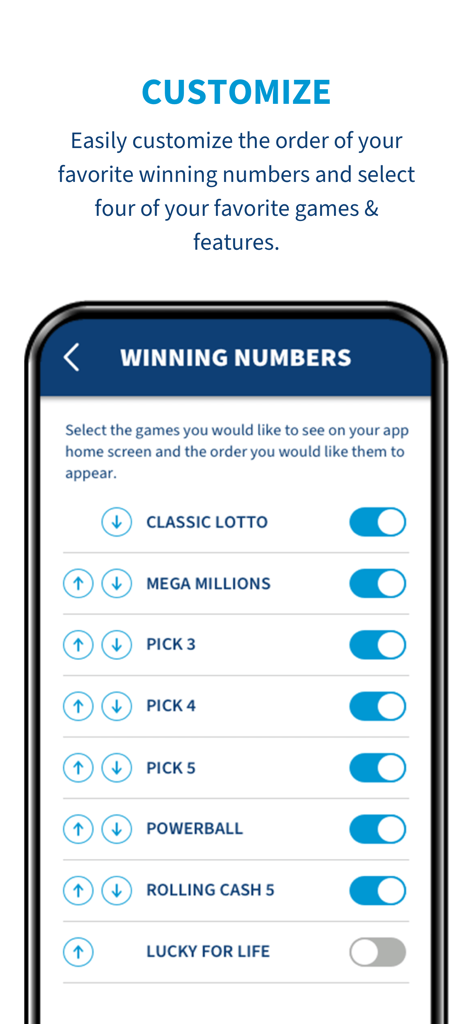 Ohio Lottery app screen showing customization settings for favorite winning numbers and lottery games like Mega Millions and Powerball.