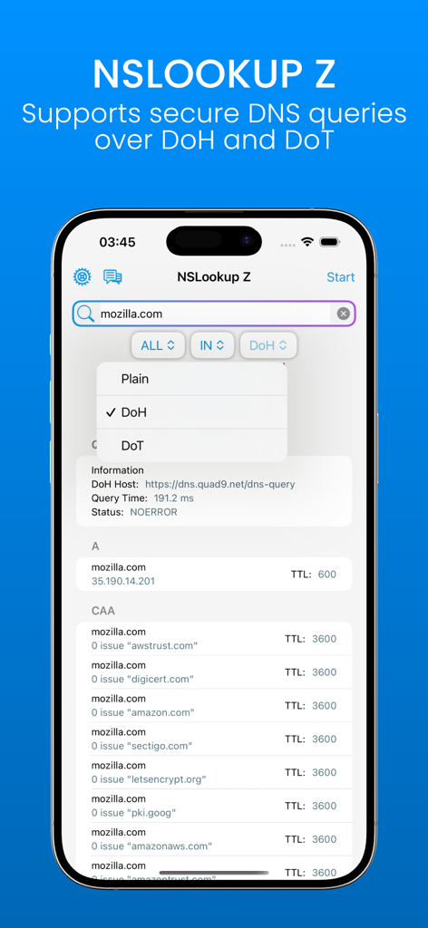 NSLookup Z-Fast DNS Query Tool - NSLookup Z App-Oberfläche zeigt sichere DNS-Abfrageoptionen und Einträge auf einem iPhone an