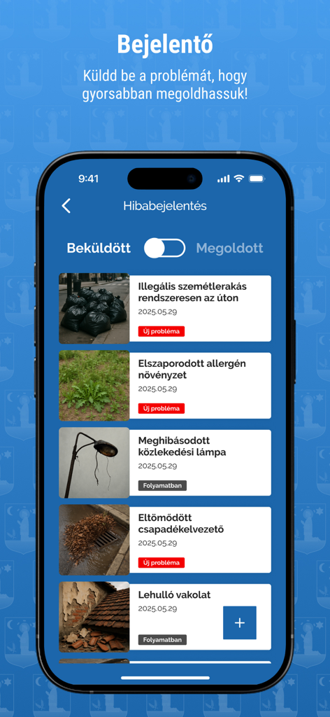 Pápa Appra! - Interfaccia dell'app mobile Pápa Appra! che mostra la sezione di segnalazione problemi con un elenco di problemi cittadini segnalati come discariche e lampioni rotti.