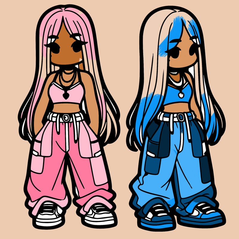 girl in baggy pants crop top and long hair