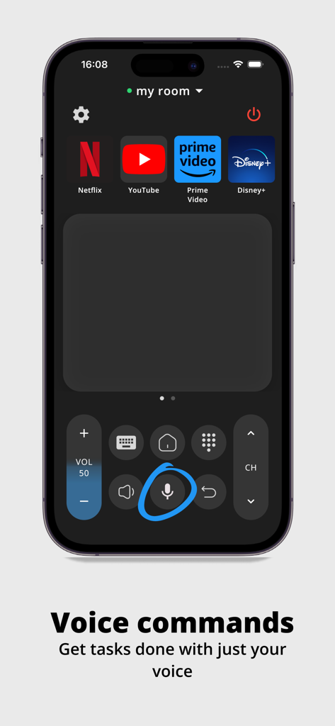 Interfaz de la aplicación Mando para Android TV destacando la función de comandos de voz