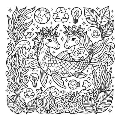 Dive into magic with our Earth Day Sea Unicorns coloring page. Celebrate ocean conservation creatively with these charming mythical creatures and eco-friendly symbols.