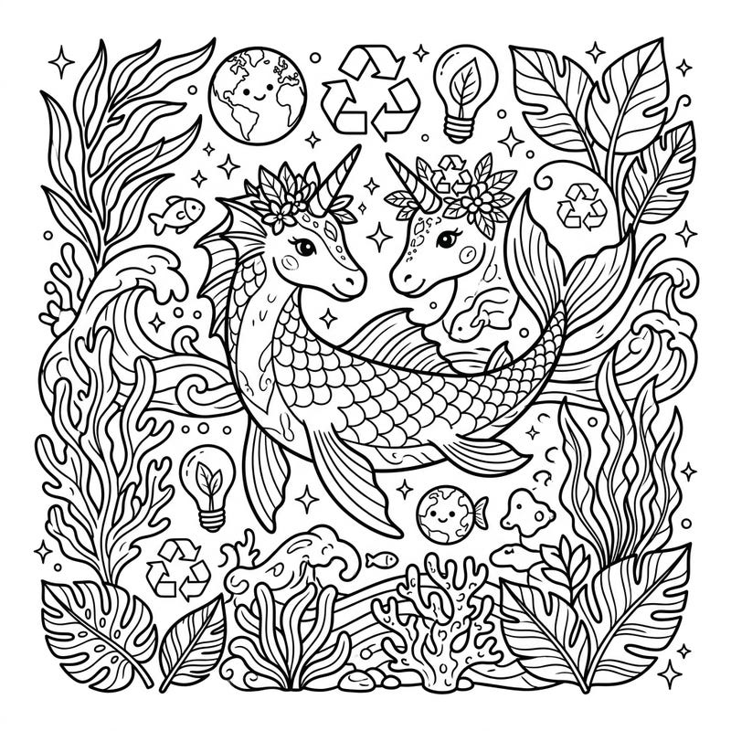 Dive into magic with our Earth Day Sea Unicorns coloring page. Celebrate ocean conservation creatively with these charming mythical creatures and eco-friendly symbols.