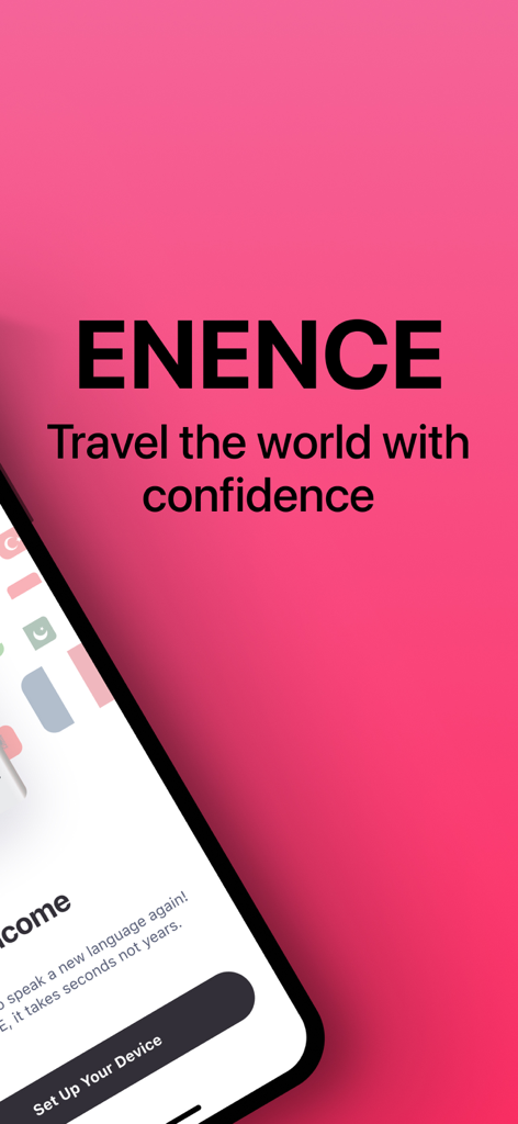 Translator Enence - Enence Translator app welcome screen with the slogan Travel the world with confidence on a pink background.
