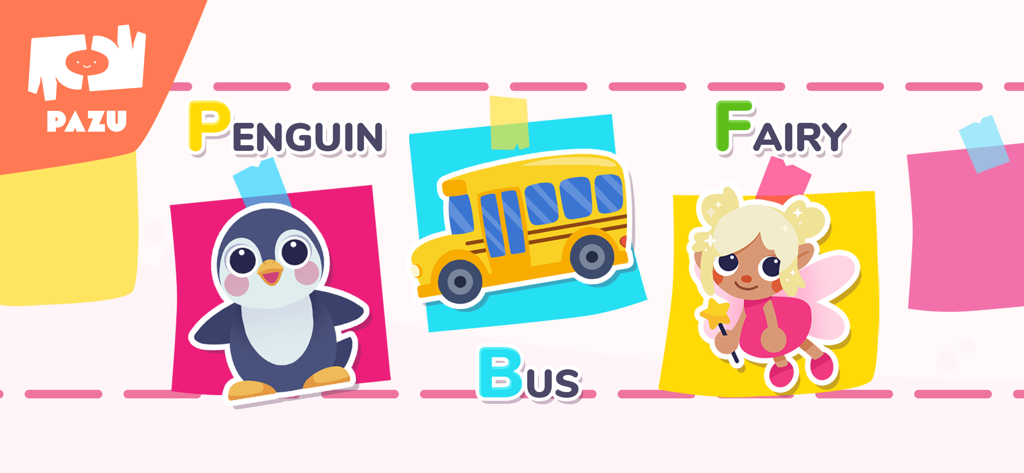 ABC Alphabet Game for kids - Educational screen showing word associations for letters P, B, and F with cute illustrations for children.