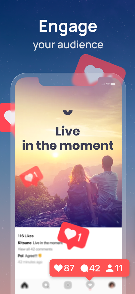 Quotes Maker: Daily Motivation - Maqueta de una publicación en redes sociales con la cita motivacional 'Vive el momento' con iconos de corazón de 'me gusta'.