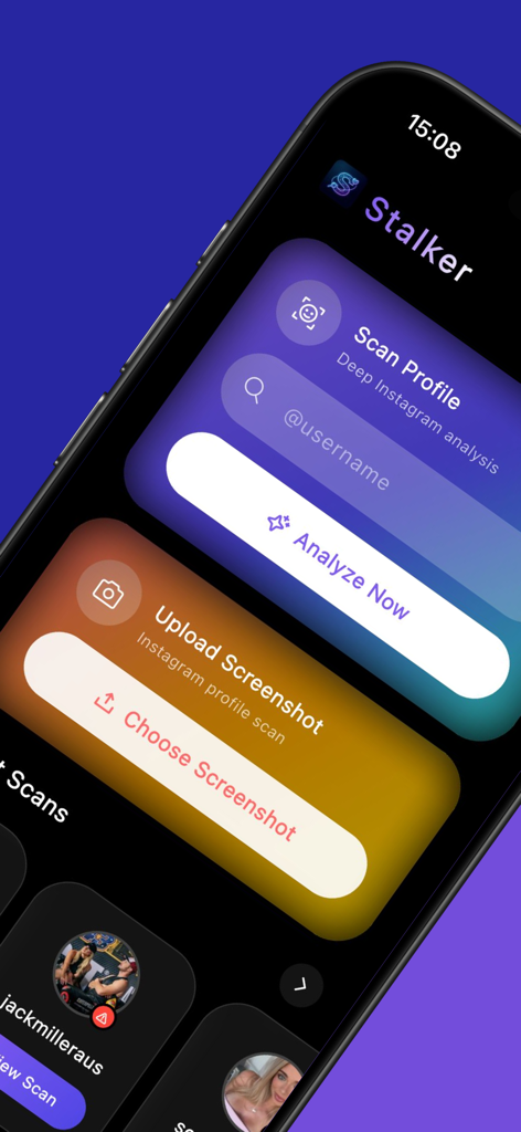 Interface do aplicativo Spy and Stalker para análise de perfil do Instagram e captura de tela.