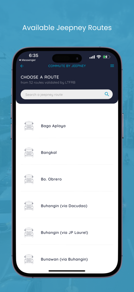 Davao Commuters - A list of available Jeepney routes in Davao City displayed on the Davao Commuters app interface.