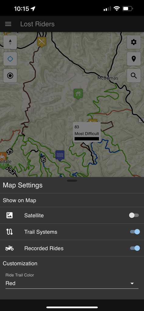 Map settings menu in the Lost Riders off-roading navigation app showing trail difficulty and customization options.