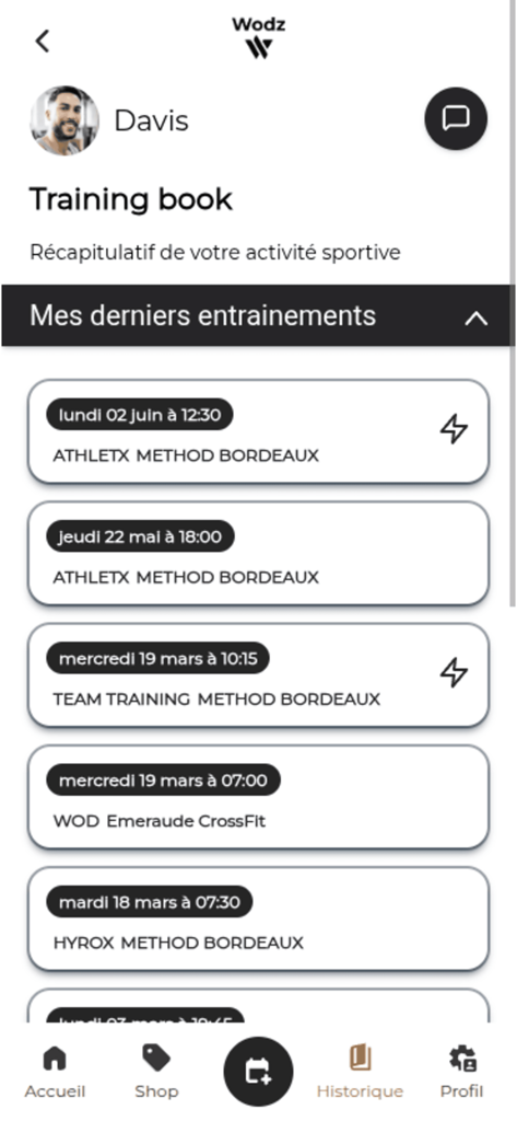Wodz - Training book screen in the Wodz app displaying a history of completed workouts and sports activity.