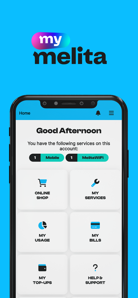 請求書、使用状況、サービスのダッシュボードタイルが表示されたMyMelitaモバイルアプリのホーム画面。