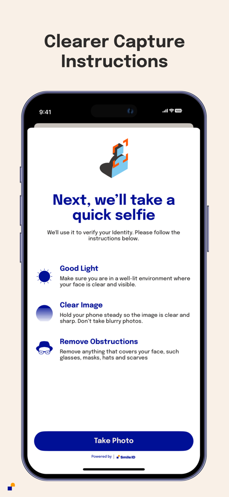 Smile ID - Smile ID App-Screenshot mit Anweisungen zur Aufnahme eines Selfies zur Identitätsprüfung, einschließlich Tipps zu Licht und Bildklarheit