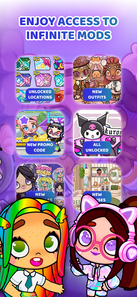 Cute Mods : for Avatar World - App screenshot displaying infinite mods for Avatar World including new outfits and houses with cute avatars.
