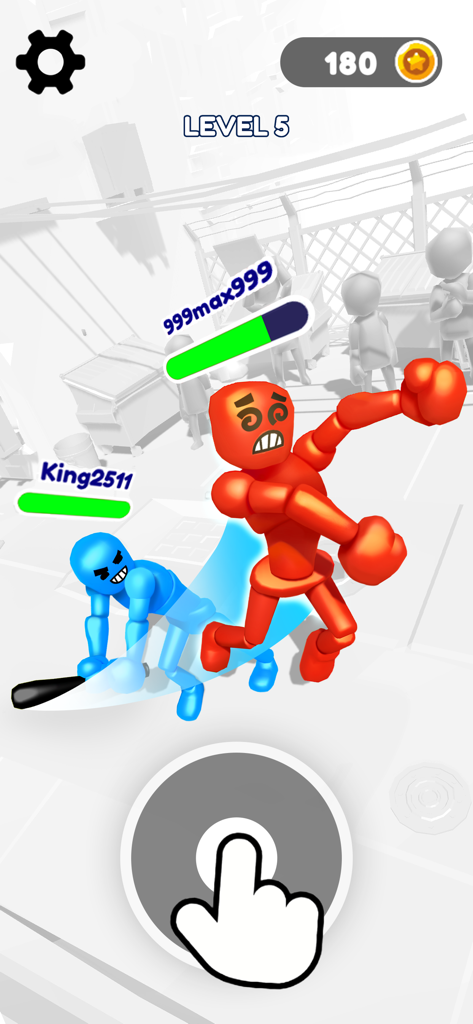 Ragdoll Stick Fighter: Bash - A blue stickman character attacking a red opponent with a bat in a ragdoll physics combat game.