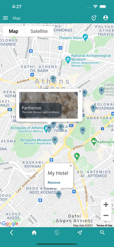 Athens’ Best: Travel Guide - Interactive map of Athens in the travel app showing locations of the Parthenon and a user saved hotel