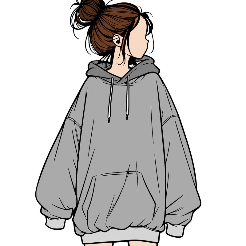 realistic girl with a oversized sweatshirt on and a bun
