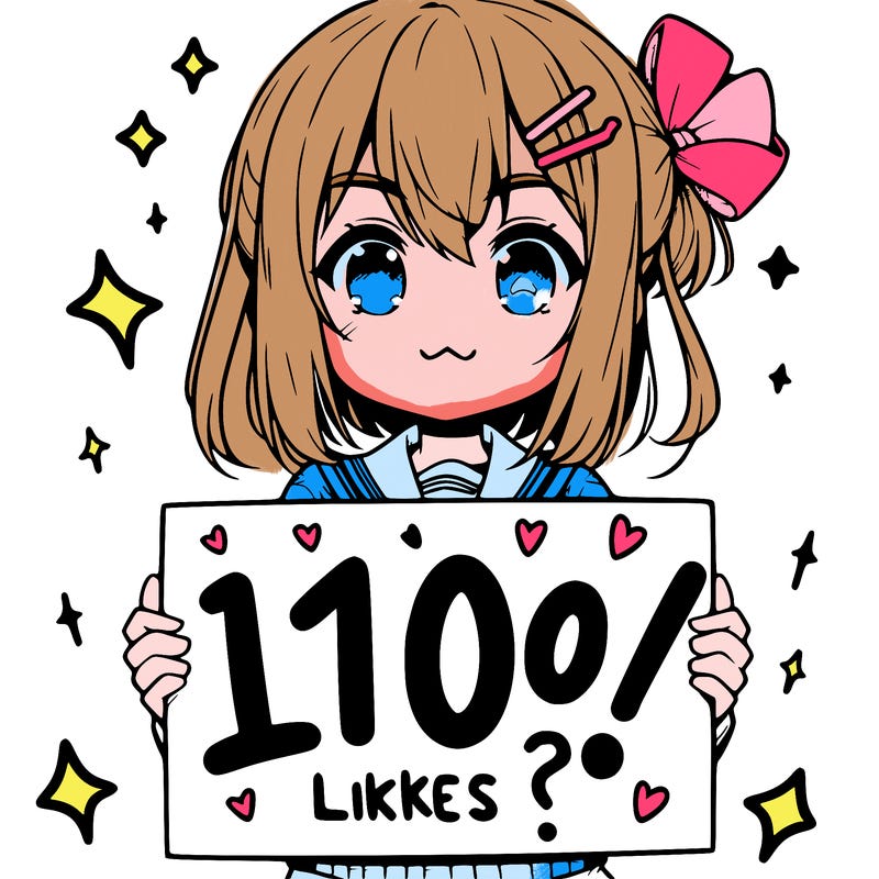 a animie girl holding up a sign saying 100 likes?