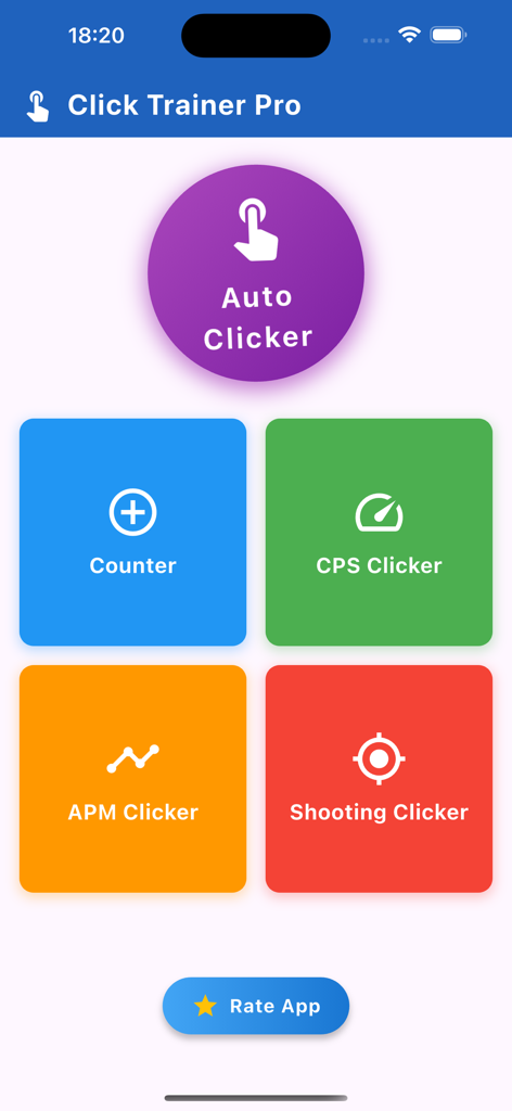 Clickmateアプリのインターフェース。メインメニューには、自動クリックと速度テストモードが表示されています。