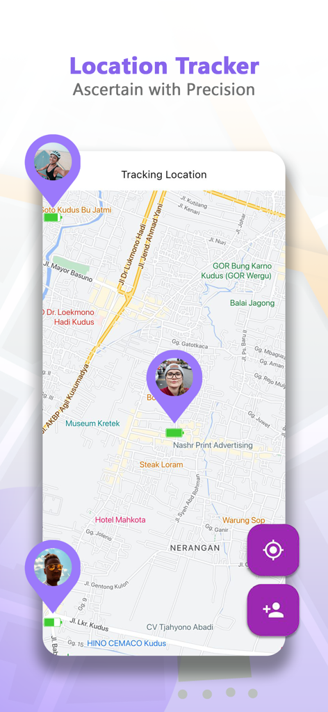 Track location: Findmyfriends - GPS location tracker app showing friend locations on a map with profile pictures and battery indicators