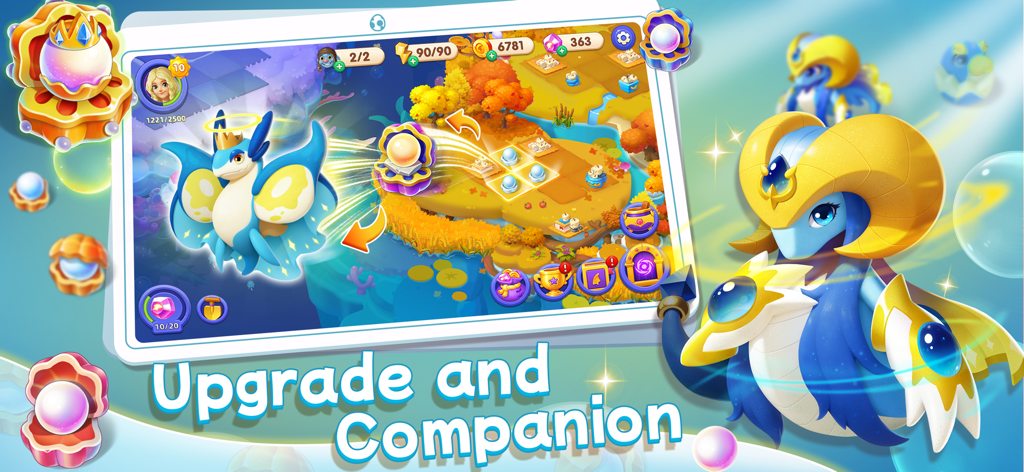 Merge Legends - Gameplay screen of Merge Legends showing a blue dragon and the text Upgrade and Companion