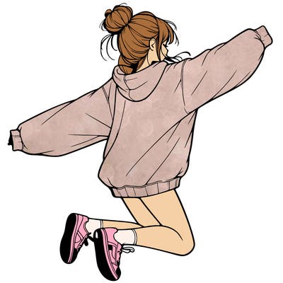 realistic girl jumping with a bun and oversized sweatshirt