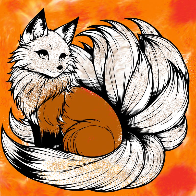 realistic detailed 9 tailed anime fox