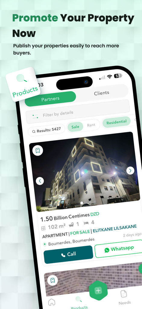 Aqarimmo pro - Interface do aplicativo móvel Aqarimmo Pro mostrando um anúncio de imóvel com preço e opções de contato